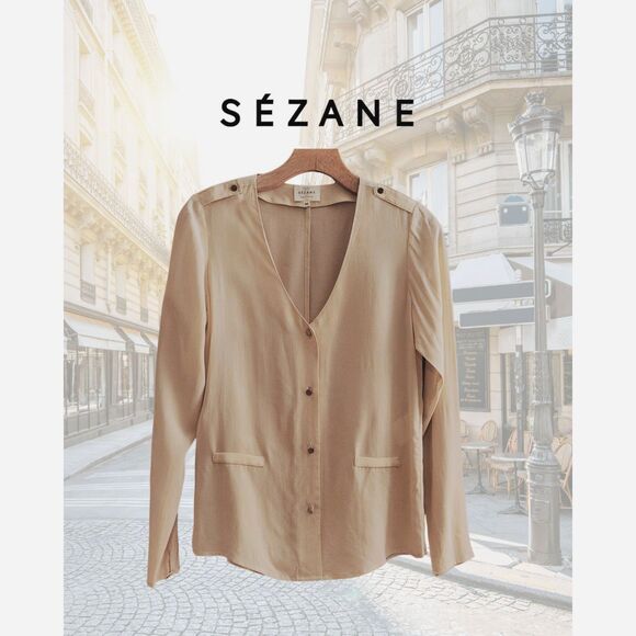 Sezane Tops - Sézane Creme 100% Silk Blouse, Shoulder Epaulette Detail, Gold Buttons Sz 36/US4